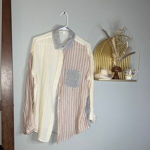 Aeropostale Multicolor Striped Patchwork Button-Up - Cream, Tan, Gray
